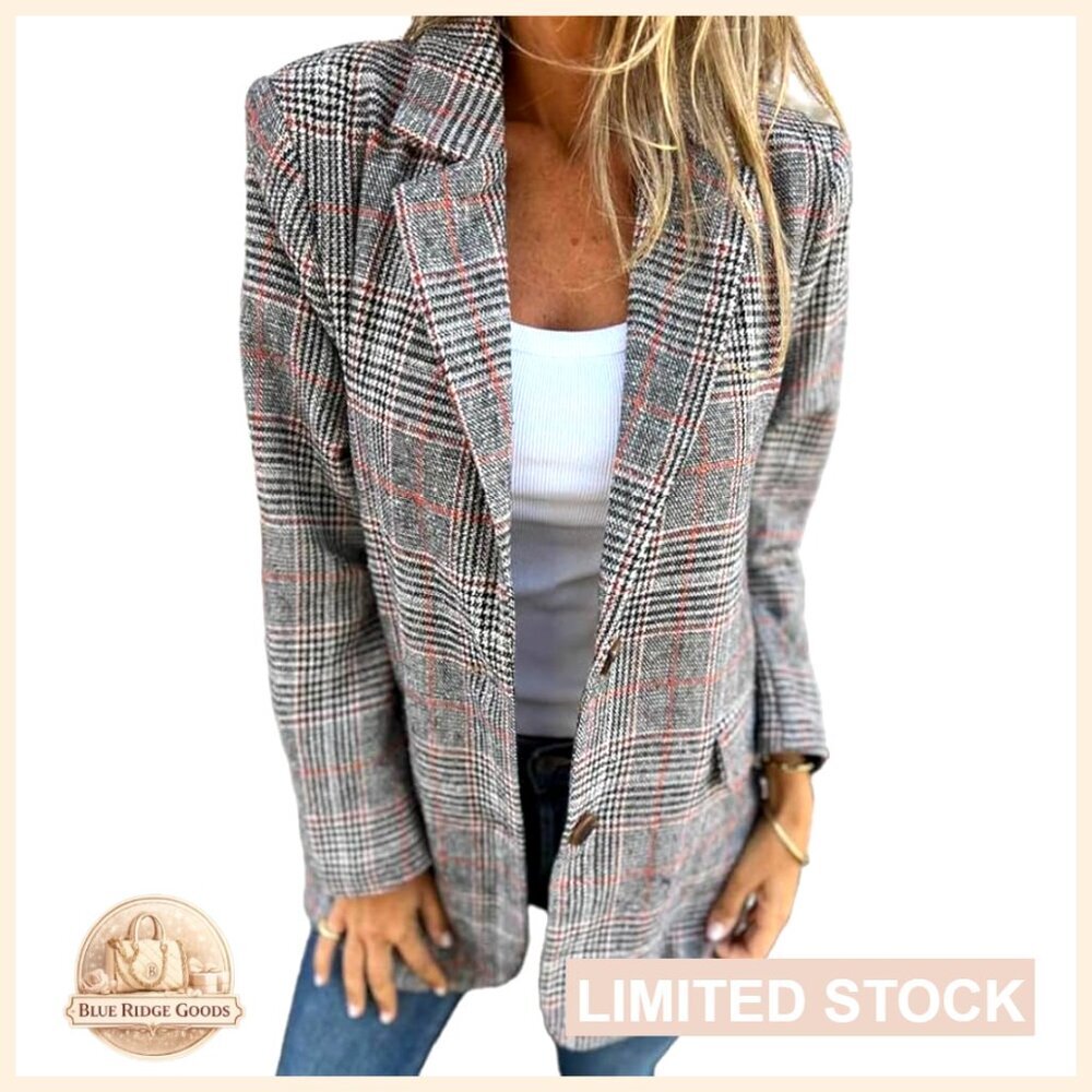 Tweed Blazer Plaid Houndstooth Oversized Business Casual Work Suit Jacket